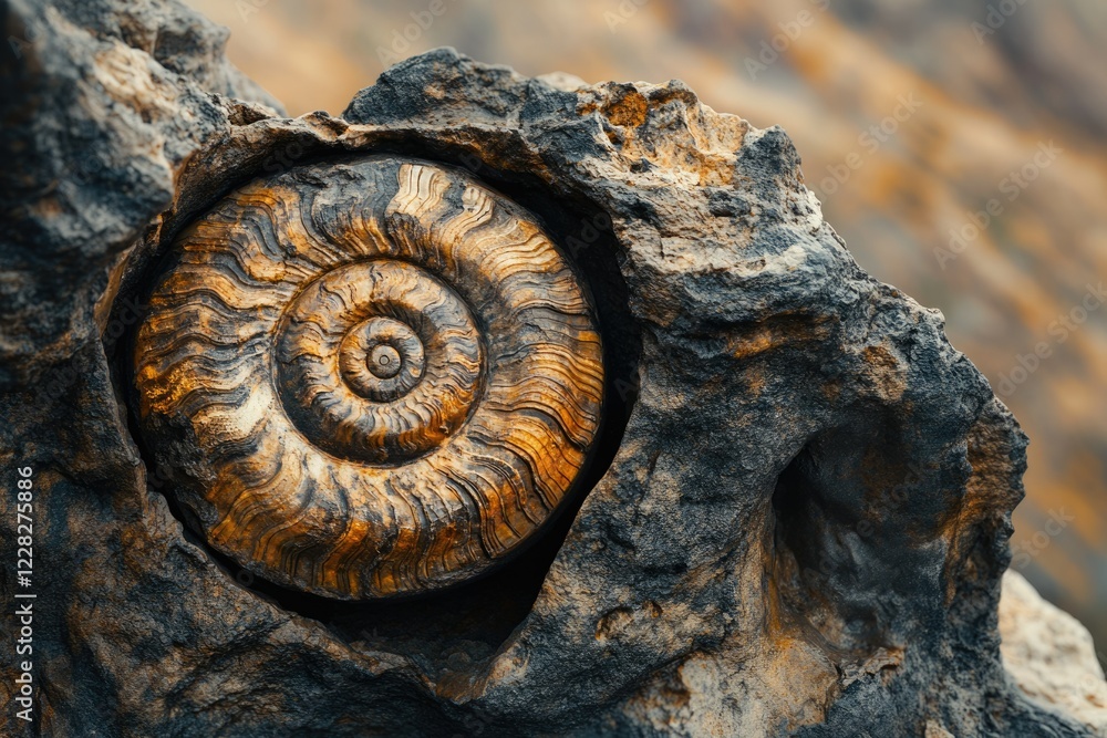 A perfectly preserved ammonite fossil embedded in a rugged, ancient rock formation. A perfectly preserved ammonite fossil embedded in a rugged, ancient rock formation.