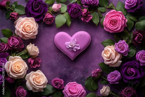 A stunning purple heart nestled among delicate pink and white roses, set against a rich purple background, radiating love and beauty this Valentine's Day.