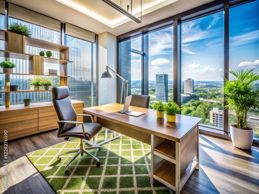 Modern Office Interior: Macro Shot of Sleek Desk & Large Window Detail Modern Office Interior: Macro Shot of Sleek Desk & Large Window Detail