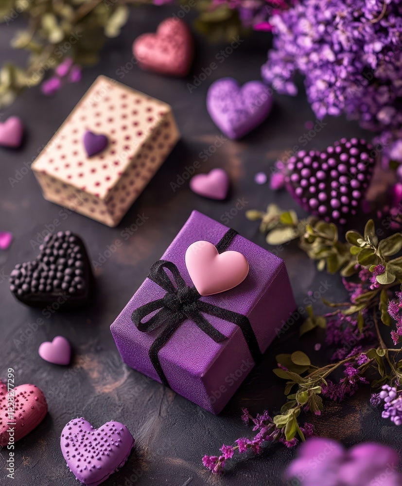 A charming purple gift box adorned with a heart-shaped decoration, nestled among vibrant purple flowers, perfect for expressing love on Valentine's Day. A charming purple gift box adorned with a heart-shaped decoration, nestled among vibrant purple flowers, perfect for expressing love on Valentine's Day.