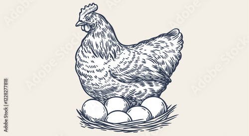 Chicken, hen with nest, eggs. Sketch artwork silhouette chicken, hen with nest, eggs. Vintage retro print, chicken, hen eggs sketch ink pencil style drawing, engrave old school. Vector Illustration