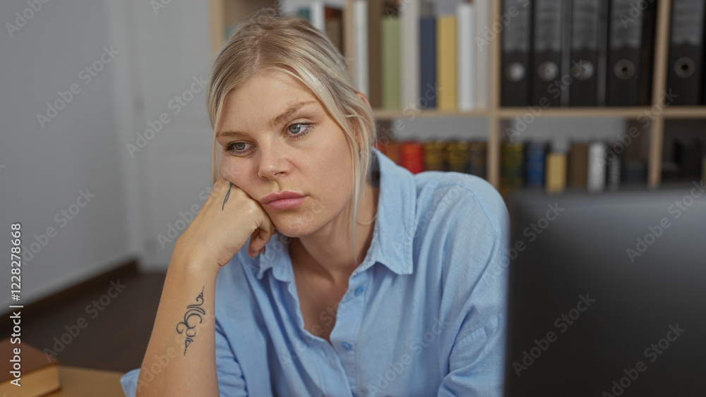Woman working indoors in office room with bookshelf looking bored and thoughtful with hand on chin Woman working indoors in office room with bookshelf looking bored and thoughtful with hand on chin