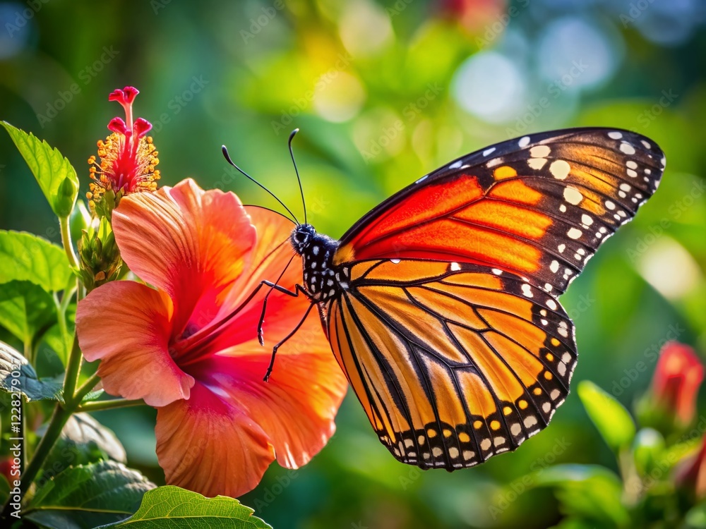 Fototapeta premium Monarch Butterfly on Hibiscus Flower, Covered in Pollen, Macro Photography