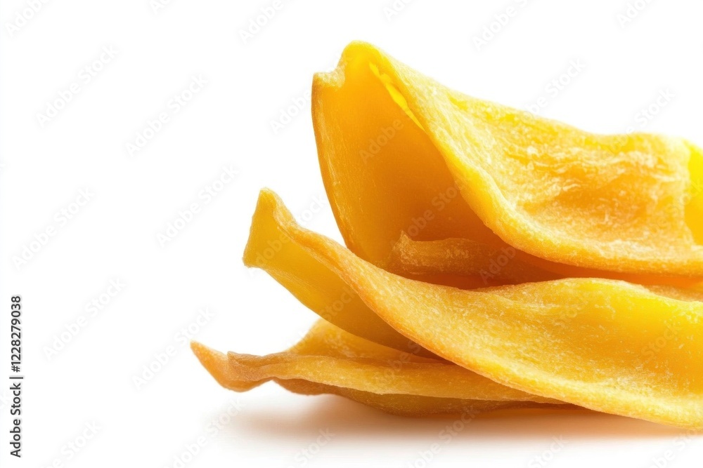 Dried organic mango slices showcased on a clean white background, emphasizing their texture Dried organic mango slices showcased on a clean white background, emphasizing their texture