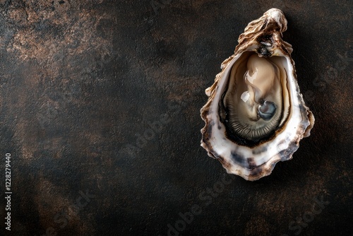 Close-up view of fresh oysters showcases their natural beauty against a dark surface photo