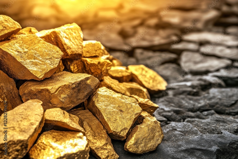 Clusters of shiny gold nuggets and rough stones on a textured black surface evoke mining activity Clusters of shiny gold nuggets and rough stones on a textured black surface evoke mining activity