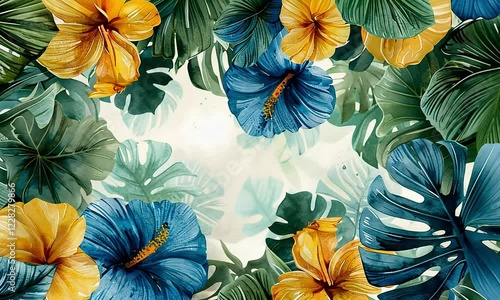 Wallpaper Mural Tropical hibiscus flowers, lush leaves, vibrant background, design element Torontodigital.ca