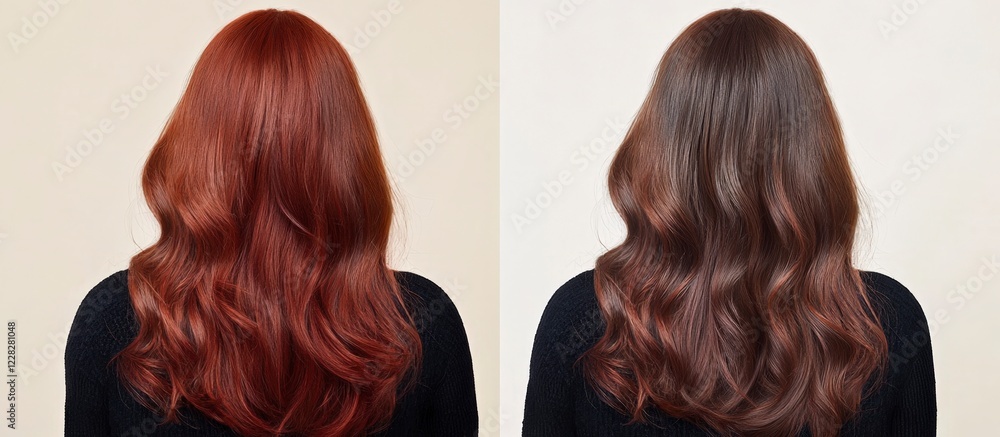 Fototapeta premium Woman's Hair Color Transformation: Before & After, Red to Brown, Long Waves