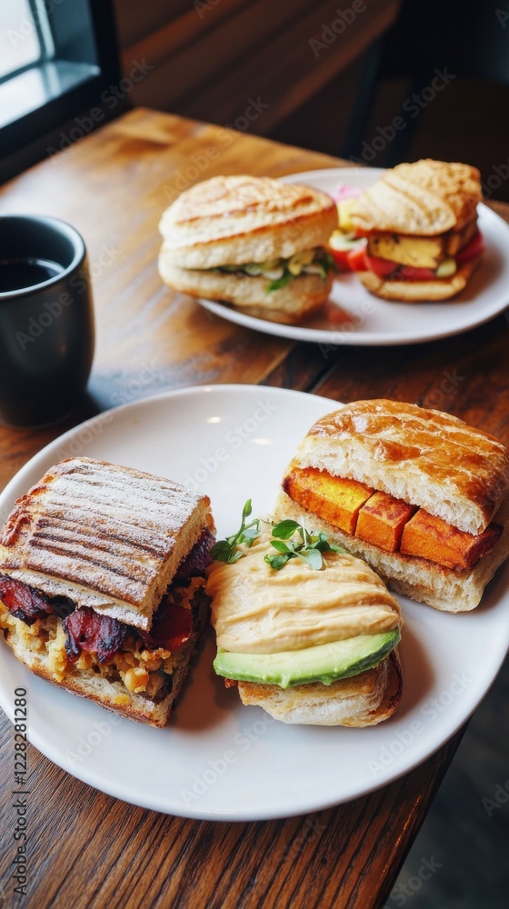 Cozy cafe serves mini sandwiches with chickpeas, turkey, and tofu, showcasing delightful textures Cozy cafe serves mini sandwiches with chickpeas, turkey, and tofu, showcasing delightful textures