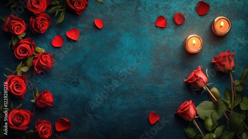 A romantic display of red roses and flickering candles rests on a serene blue backdrop, surrounded by delicate petals, creating a perfect Valentineâs ambiance.