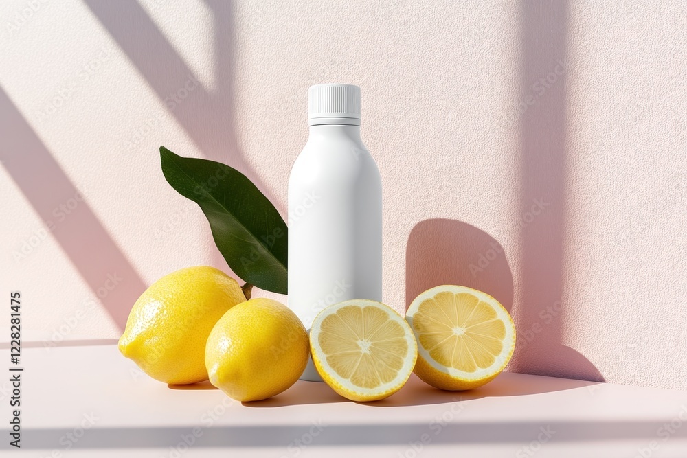 Bright yellow lemons and a white mockup bottle create a fresh and clean still life display Bright yellow lemons and a white mockup bottle create a fresh and clean still life display