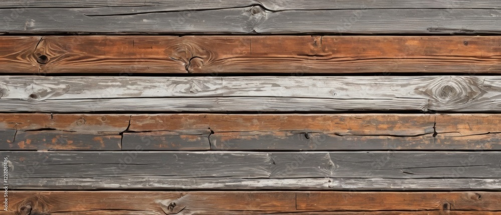 Obraz premium Reclaimed barn wood texture with uneven edges, chipped paint, and a mix of gray and brown tones for a shabby chic look