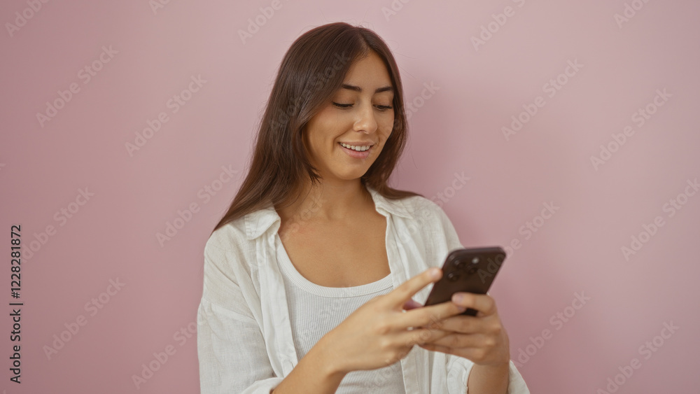 Young, attractive, hispanic, woman smiling while using smartphone over isolated pink background, dressed casually in white. Young, attractive, hispanic, woman smiling while using smartphone over isolated pink background, dressed casually in white.