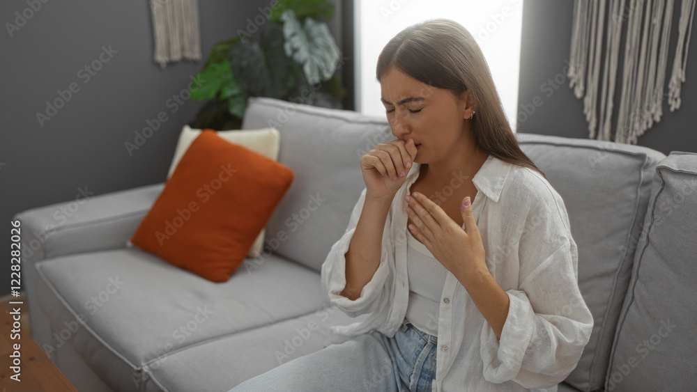 Woman coughing in a cozy living room, wearing casual clothes and sitting on a comfortable gray sofa adorned with a red pillow, illustrating a moment of illness or discomfort at home Woman coughing in a cozy living room, wearing casual clothes and sitting on a comfortable gray sofa adorned with a red pillow, illustrating a moment of illness or discomfort at home