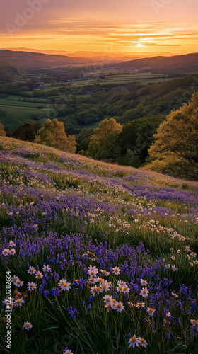 Wide-angle shot of a wildflower meadow bathed in golden sunset light, with daisies, daffodils, and bluebells filling the landscape, creating an inviting spring scene. Generative AI