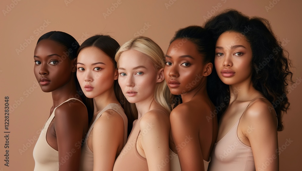 A diverse group of women exude confidence and elegance, showcasing their natural beauty through the use of neutral tones. Their look reflects empowerment and celebrates femininity A diverse group of women exude confidence and elegance, showcasing their natural beauty through the use of neutral tones. Their look reflects empowerment and celebrates femininity