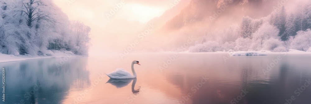 Obraz premium Swan in lake with snow covered forest in winter.
