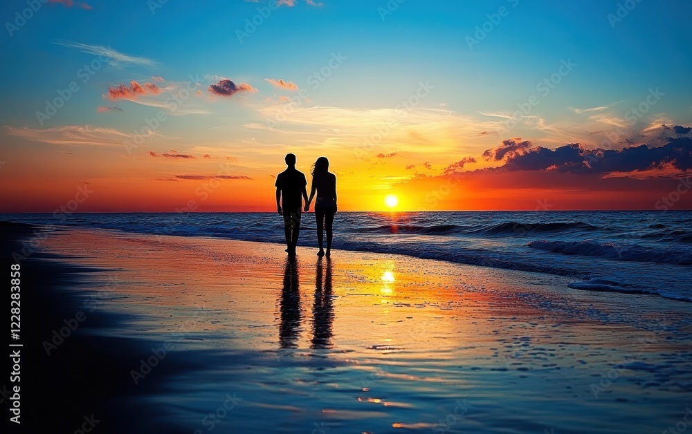 A couple strolls hand in hand along a serene beach, bathed in the warm glow of a breathtaking sunset, creating a romantic and tranquil atmosphere. A couple strolls hand in hand along a serene beach, bathed in the warm glow of a breathtaking sunset, creating a romantic and tranquil atmosphere.