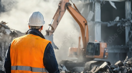 A detailed portrait of a demolition expert overseeing controlled demolition of a structure, Demolition site scene, Strategic and safety-conscious style