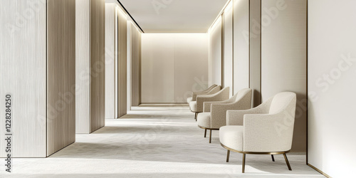 Corridor interior with upholstered chairs for the waiting area. Corridor furnishing of an office business building