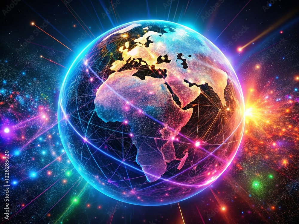 Neon Digital Earth HUD: Global Network Hologram Sphere with Rotating Particles Neon Digital Earth HUD: Global Network Hologram Sphere with Rotating Particles