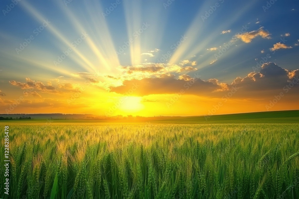 Golden rays shining through vibrant ears of wheat at sunrise in a tranquil field setting. Generative AI Golden rays shining through vibrant ears of wheat at sunrise in a tranquil field setting. Generative AI