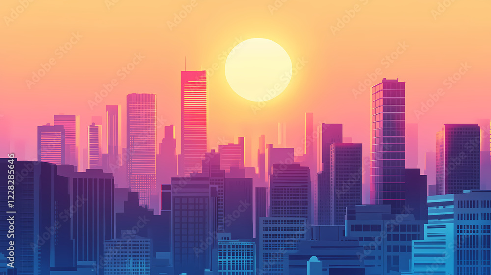Fototapeta premium Large, bustling metropolis featuring numerous high-rises and radiant sun overhead. Radiant Horizon. Illustration