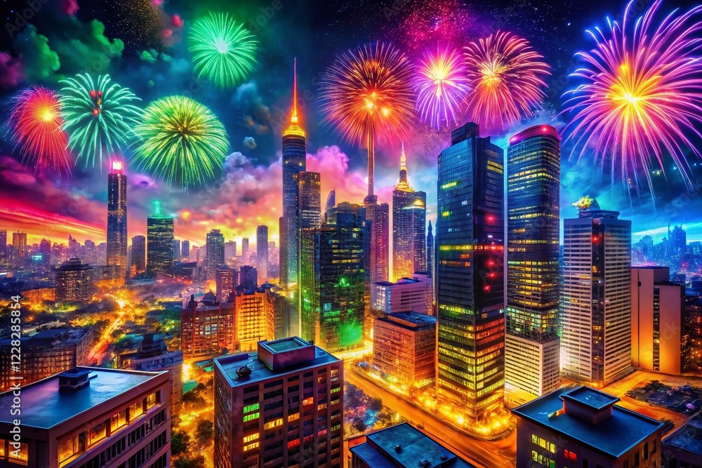 Obraz premium Night City Lights Color Explosion - Vibrant Urban Nightscape Stock Photo