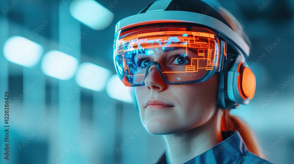Female Engineer in Advanced Augmented Reality Virtual Device Female Engineer in Advanced Augmented Reality Virtual Device
