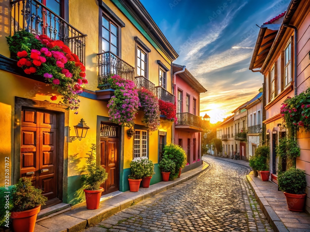 Obraz premium Ochagavia Street: Charming Chilean Architecture, Cobblestone Streets, Colorful Buildings, South American Cityscape