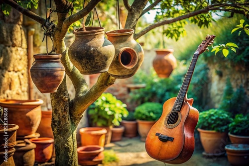 Old Clay Pots & Worn Electric Guitar Hanging on a Garden Tree - Rustic Still Life photo