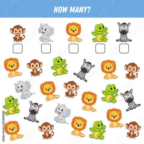 How many animals are there. Count the number of animals. Cute lion, elephant, monkey, zebra, crocodile. Math worksheet for kids. Vector