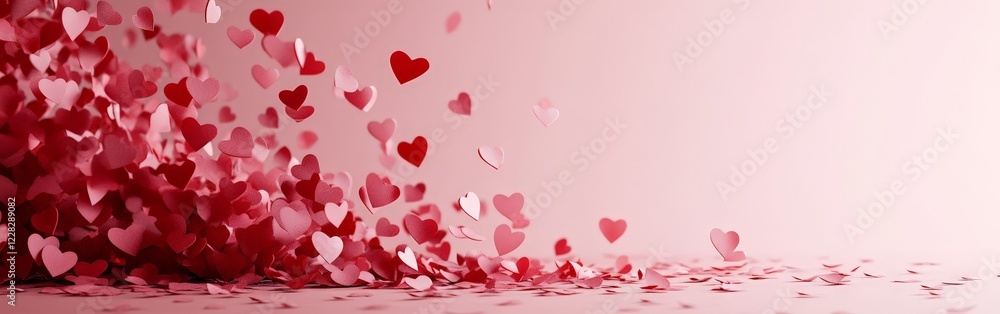 A playful string of red paper hearts on pastel pink, ideal for Valentine's Day, weddings, and festive event promotions. A playful string of red paper hearts on pastel pink, ideal for Valentine's Day, weddings, and festive event promotions.