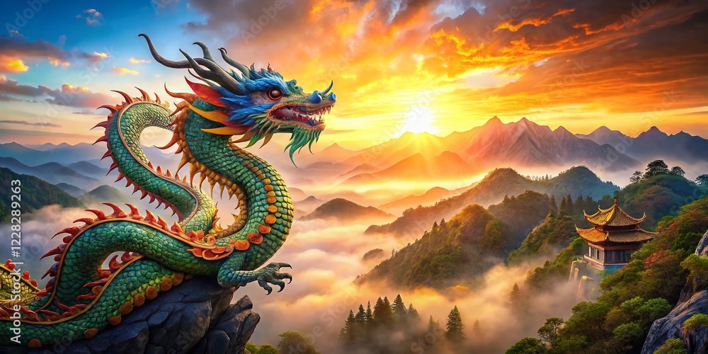 Fototapeta premium Oriental Dragon Double Exposure: Mystical Ink Wash Painting & Dramatic Landscape