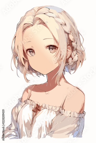Anime-style vector illustration featuring a young woman with blonde braided hair, wearing a white blouse, creating a soft and innocent aesthetic