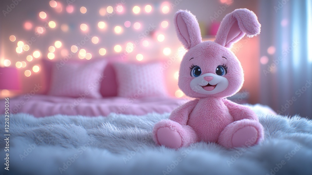 Obraz premium Pink bunny toy sits on bed, fairy lights background