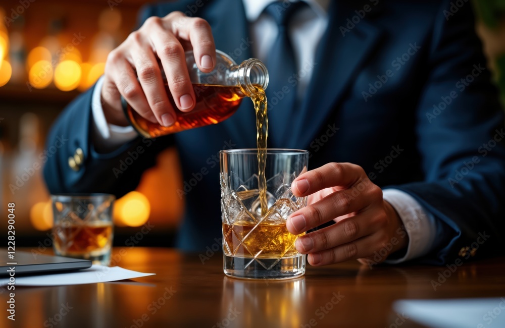 Businessman in suit pours whiskey into glass. He sits at a wooden bar, likely after business meeting. Whiskey is being poured into tumbler with ice. Professional setting. Businessman in suit pours whiskey into glass. He sits at a wooden bar, likely after business meeting. Whiskey is being poured into tumbler with ice. Professional setting.