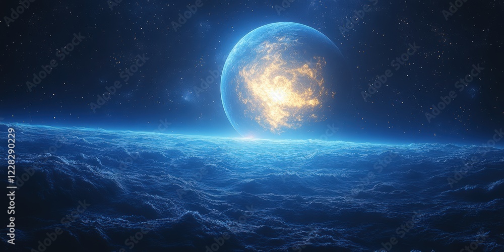 Celestial event blue planet in space digital cosmic environment stellar viewpoint interstellar concept Celestial event blue planet in space digital cosmic environment stellar viewpoint interstellar concept