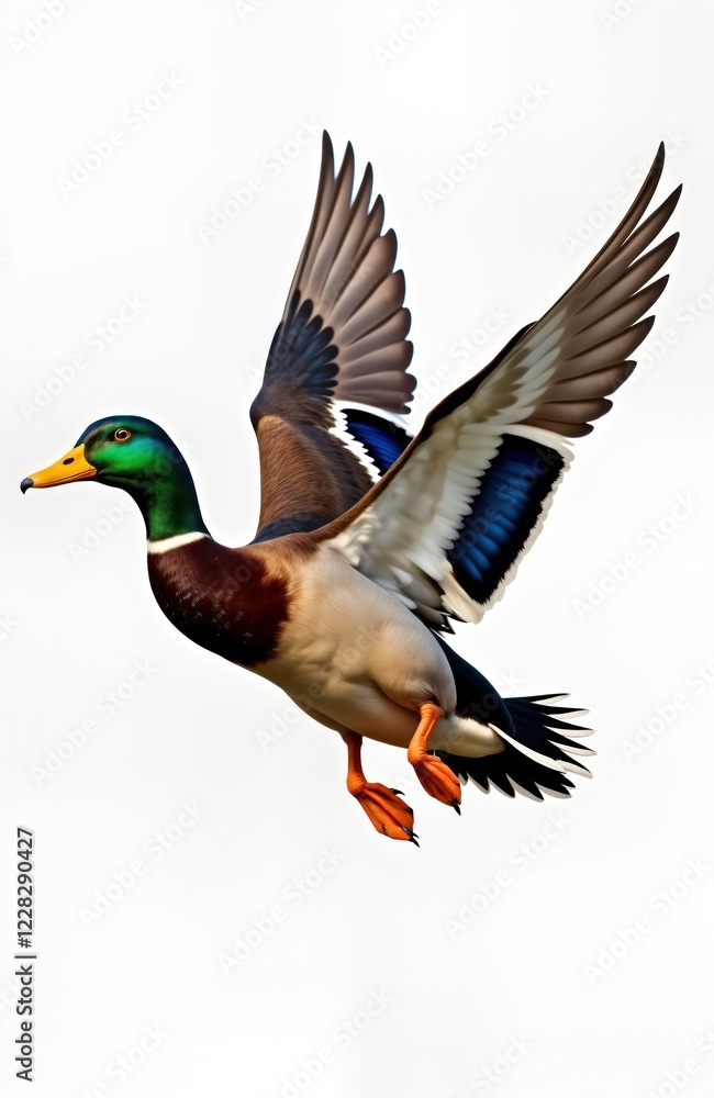 Obraz premium Mallard duck in flight. Side view. Beautiful illustration. Wildlife photo. Preservation theme. Detailed illustration of duck. Colorful plumage. AI illustration. Isolated on transparent background.