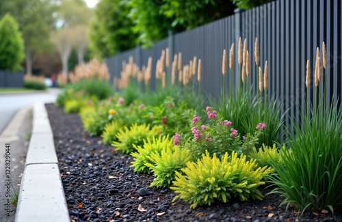Fototapeta Naklejka Na Ścianę i Meble -  Urban garden landscaping along city street. Decorative plants, flowers in flowerbeds. Grey metal fence lines garden. Mulch dark grey slate. Well-maintained, attractive design. Urban neighborhood