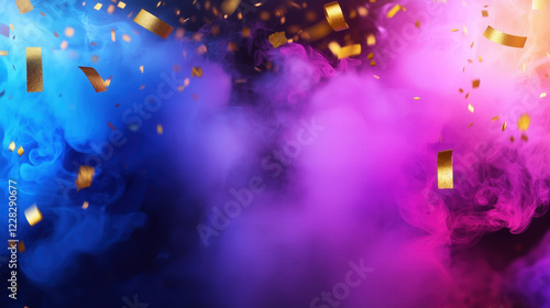 Vibrant blue and purple smoke swirls with golden confetti festive background with copy-space