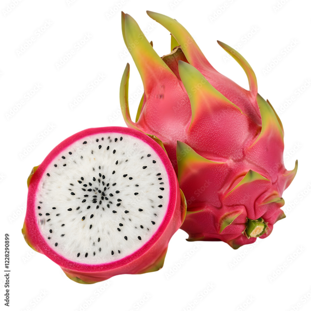 Red dragon fruit with half on isolate white background Red dragon fruit with half on isolate white background
