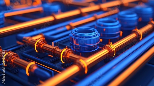 Futuristic Industrial Pipes and Valves with Neon Glow Effects photo