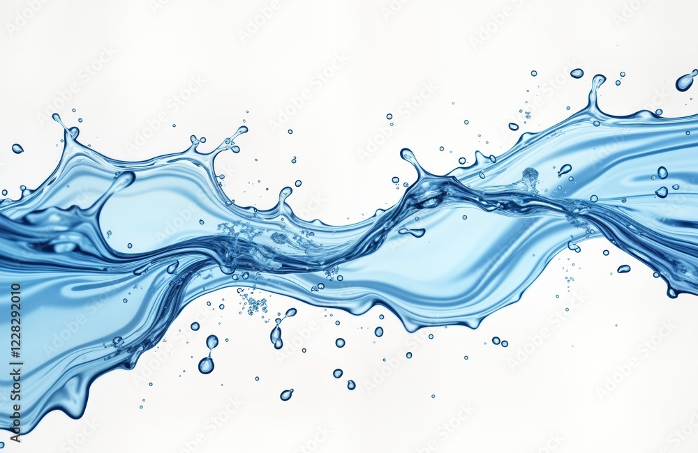 Abstract illustration of dynamic blue water splashing, flowing around. Clear water creates smooth curves, ripples. Water droplets scattered. Perfect for backgrounds in advertising design projects. Abstract illustration of dynamic blue water splashing, flowing around. Clear water creates smooth curves, ripples. Water droplets scattered. Perfect for backgrounds in advertising design projects.