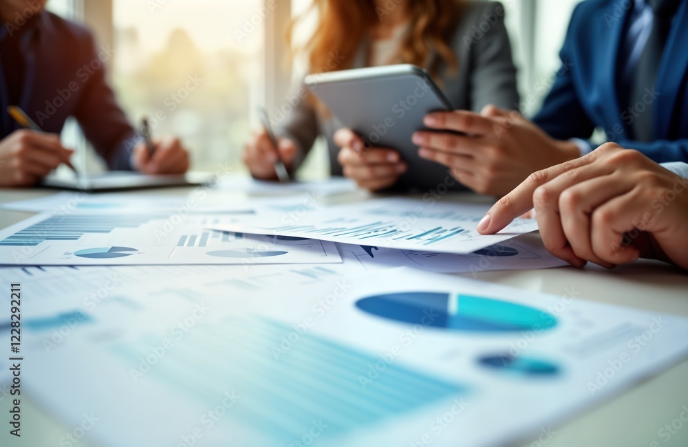 Business team analyzes financial reports. Review printed research on sustainable investment funds. Discuss market trends, investment planning. People focus on data, graphs on table in office Business team analyzes financial reports. Review printed research on sustainable investment funds. Discuss market trends, investment planning. People focus on data, graphs on table in office