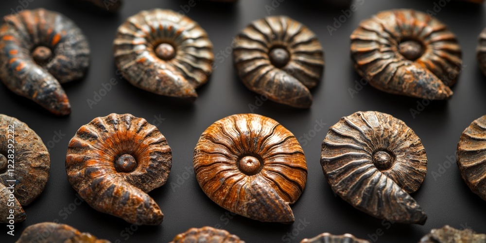 Fossil discovery nautilus shells museum exhibit natural history indoor display close-up view paleontology insights Fossil discovery nautilus shells museum exhibit natural history indoor display close-up view paleontology insights