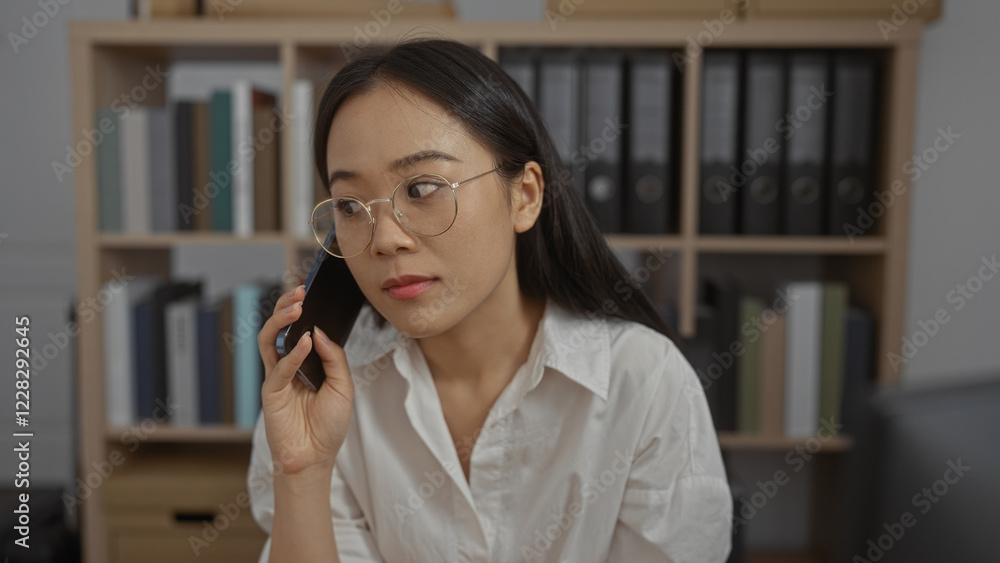 Woman talking on phone in office with bookshelves in background, wearing glasses and white shirt, creating a professional and focused atmosphere Woman talking on phone in office with bookshelves in background, wearing glasses and white shirt, creating a professional and focused atmosphere