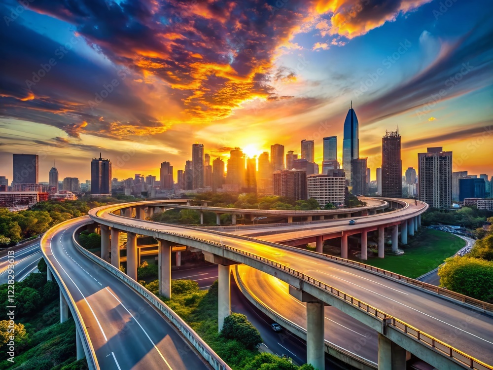 Fototapeta premium Panoramic Highway Overpass: City Skyline View - Stock Photo