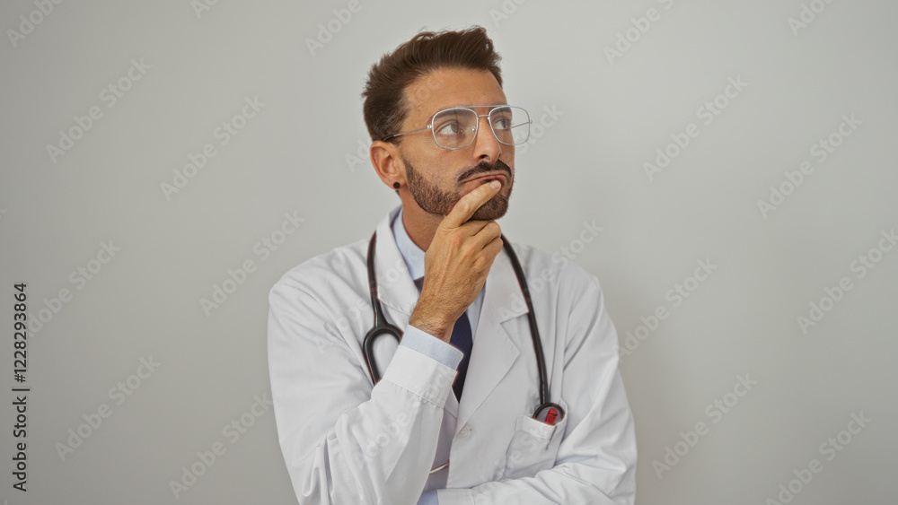 Young male doctor with glasses and stethoscope contemplating over isolated white background, portraying a thoughtful and professional healthcare concept. Young male doctor with glasses and stethoscope contemplating over isolated white background, portraying a thoughtful and professional healthcare concept.