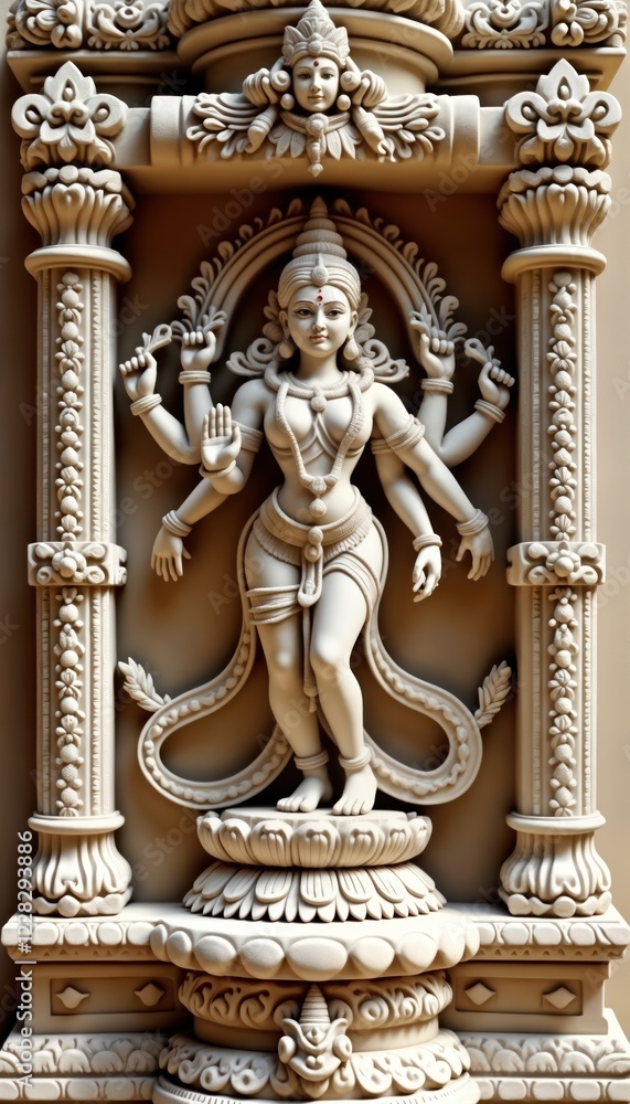 Fototapeta premium Exquisite ancient Indian deity sculpture. Ornate stone carving of goddess figure. Intricate details. Hindu art style. Stone carving. Temple architecture. Asian art. Ancient sculpture. Religious art.